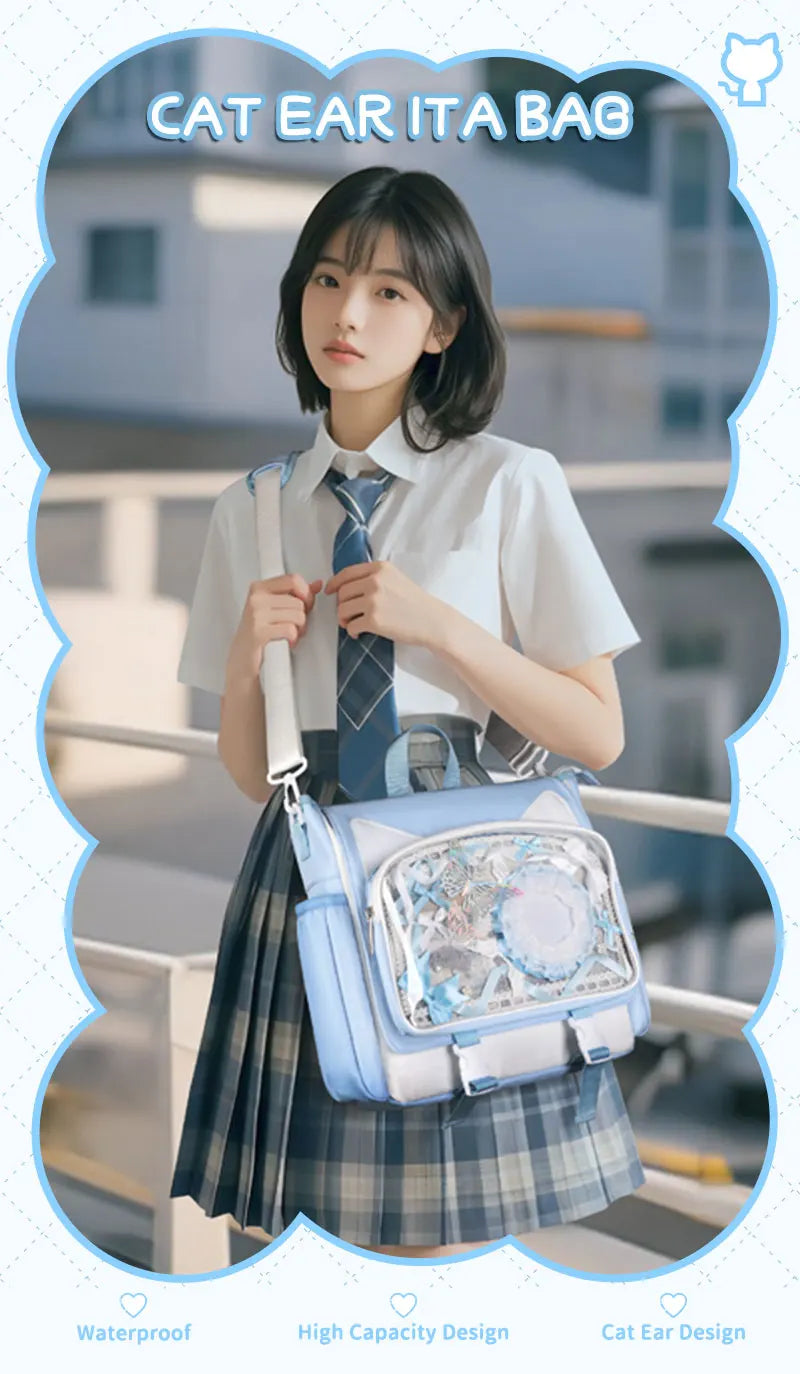 TINYAT Y2K Ita Bag Girl School Backpack Waterproof Transparent Shoulder Bag Women's Crossbody Bag DlY Display Cute Cat Ear
