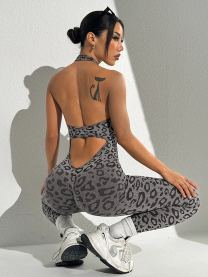 Seamless Leopard Print Jumpsuit Women's Tight Fitting Hanging Neck Jumpsuit Hip Lifting and Sexy Shaping Fitness Yoga Outfit