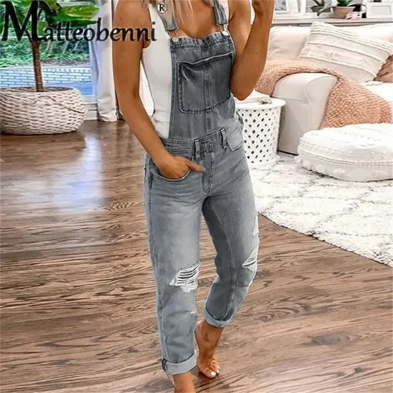 Fashion Broken Holes Straight Jeans Splicing Pocket Strap Pants Women's Street Casual Versatile Basic Jumpsuit Female Rompers 23