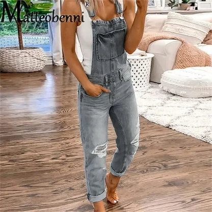 Fashion Broken Holes Straight Jeans Splicing Pocket Strap Pants Women's Street Casual Versatile Basic Jumpsuit Female Rompers 23
