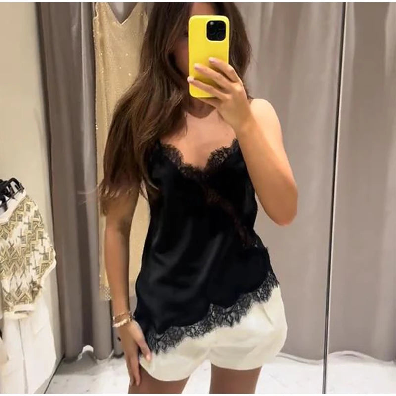 Sexy Floral Lace Satin Patchwork Camisole Vest For Women Summer Y2K Sleeveless Backless Tank Holiday Evening Party Lady Chic Top