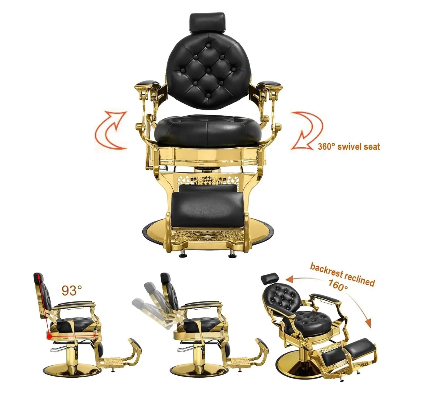 Reclining Barber Chair Heavy Duty Salon Chair Wide Seat Gold & Black for Barber Station with Footrest, Customized