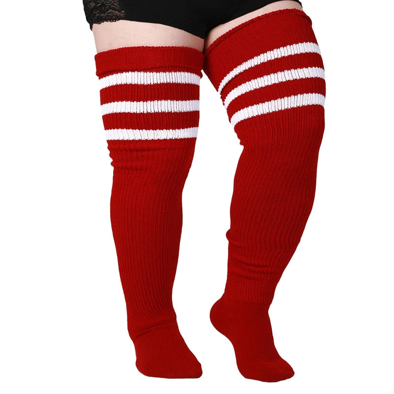 Women's Striped Plus Size Thick Thigh-High Socks Collection Big Girls Acrylic Yarn Stretch Colorful Streaks Leg Warmer Socks