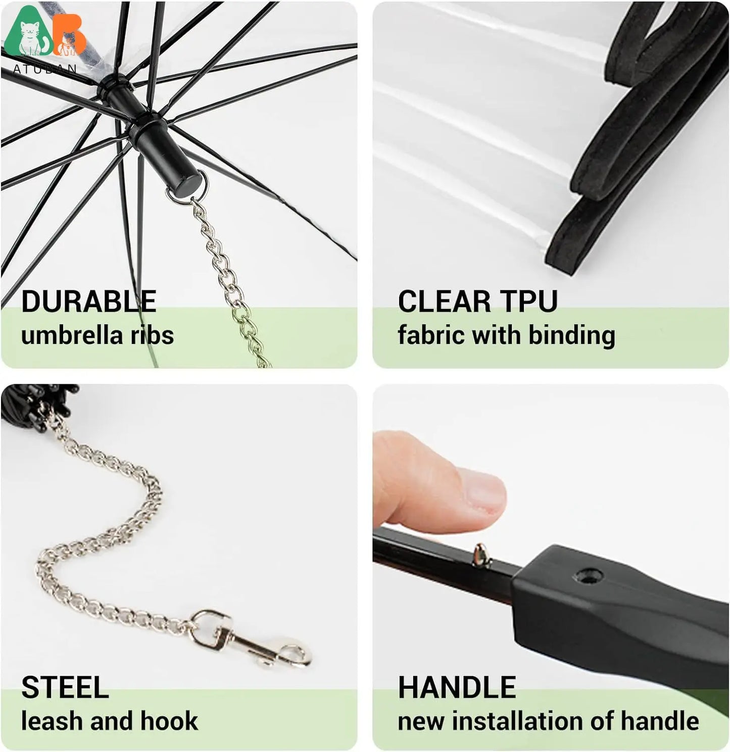 ATUBAN Dog Umbrella with Leash for Small Pets, Umbrella for Dogs Fits 20” Back Length Pets,J-Shape Handle,Clear Umbrella Surface
