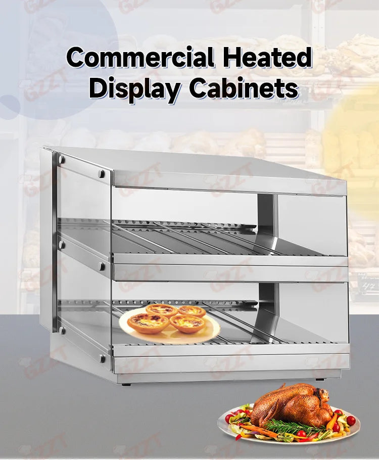 Stainless Steel Electric Commercial 2 Tier Dry Heating Fried Food Hamburger Pizza Warmer Showcase Dry Food Warmer Display