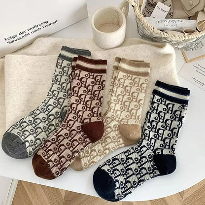 Kuwa 1/2Pairs Trendy Winter Wool Socks Ladies Monogram Pattern Solid Color Thickened Middle Tube Socks Breathable Wholesale