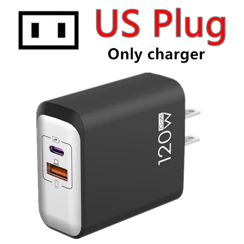 120W PD Fast Charger Type C Quick Charge USB C Wall Charger Adapter For iPhone 17 16 15 Samsung Xiaomi OPPO 2-in-1 Data Cable﻿﻿