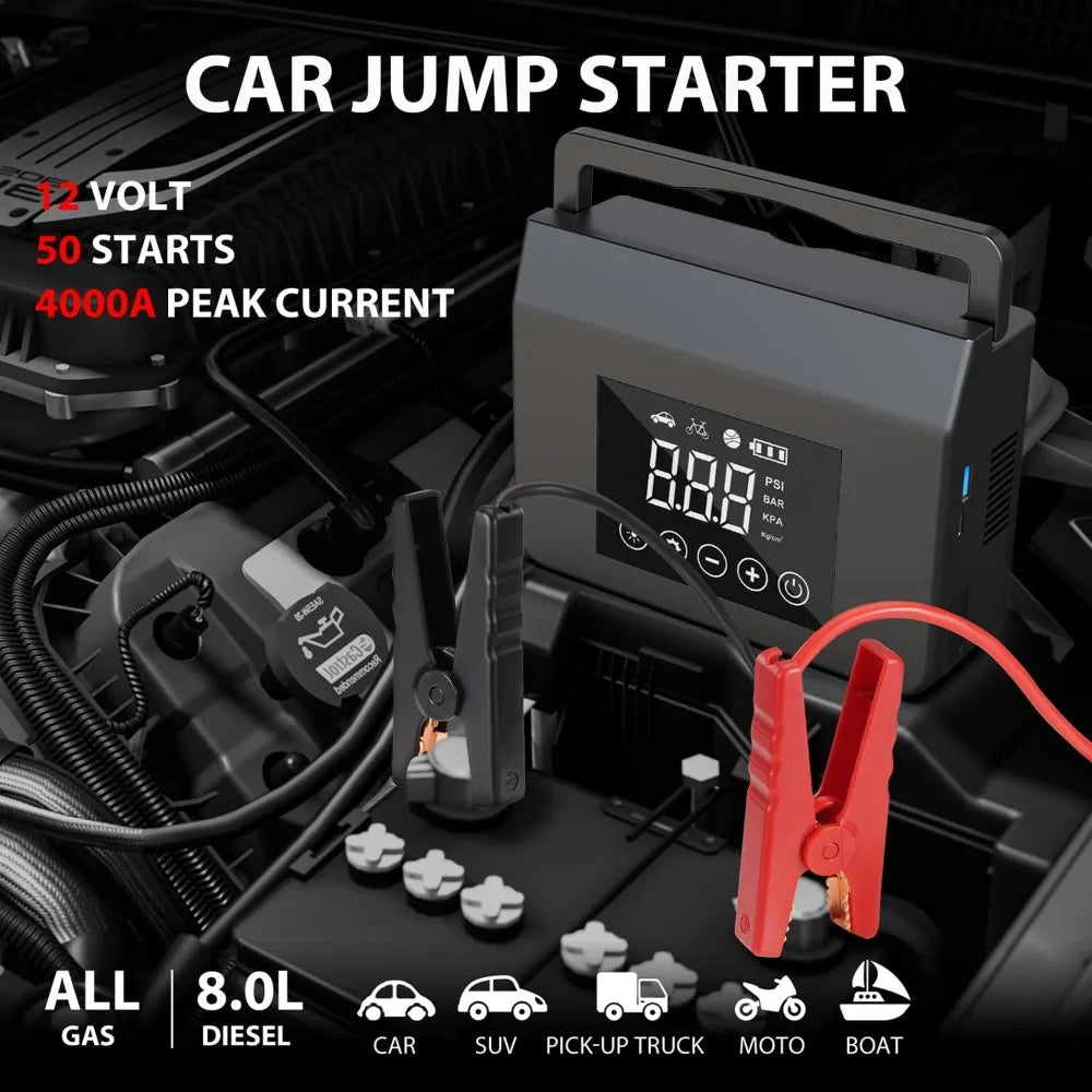Jump Starter with Air Compressor, 4000A Car Battery Jump Starter(ALL Gas/8.0L Diesel) with 150PSI Tire Inflator 12V Car Battery