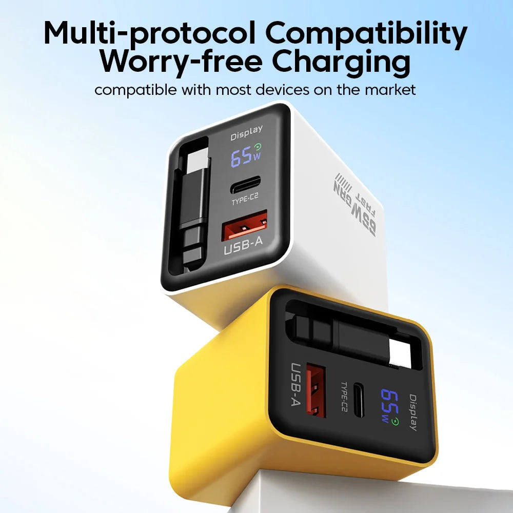 65W USB C GaN Charger Wall Charger Power Adapter Digital Display With Retractable Type C Cable For iPhone 17 16 Samsung Xiaomi