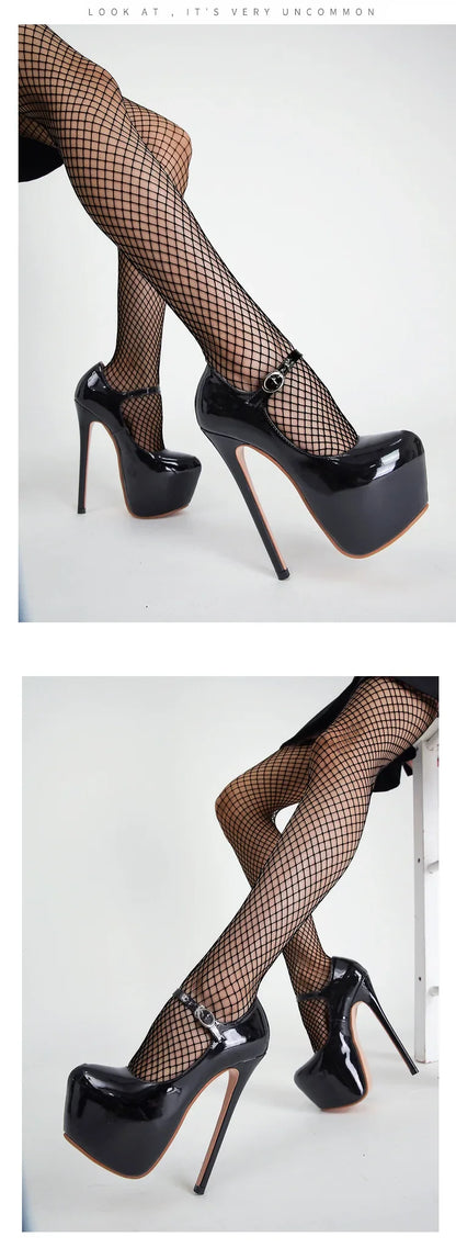 Women Super High Heel 17CM Pumps Spring Autumn Platform Patent Leather Red Black Round Toe Buckle Strap Sexy Zapato De Tacón