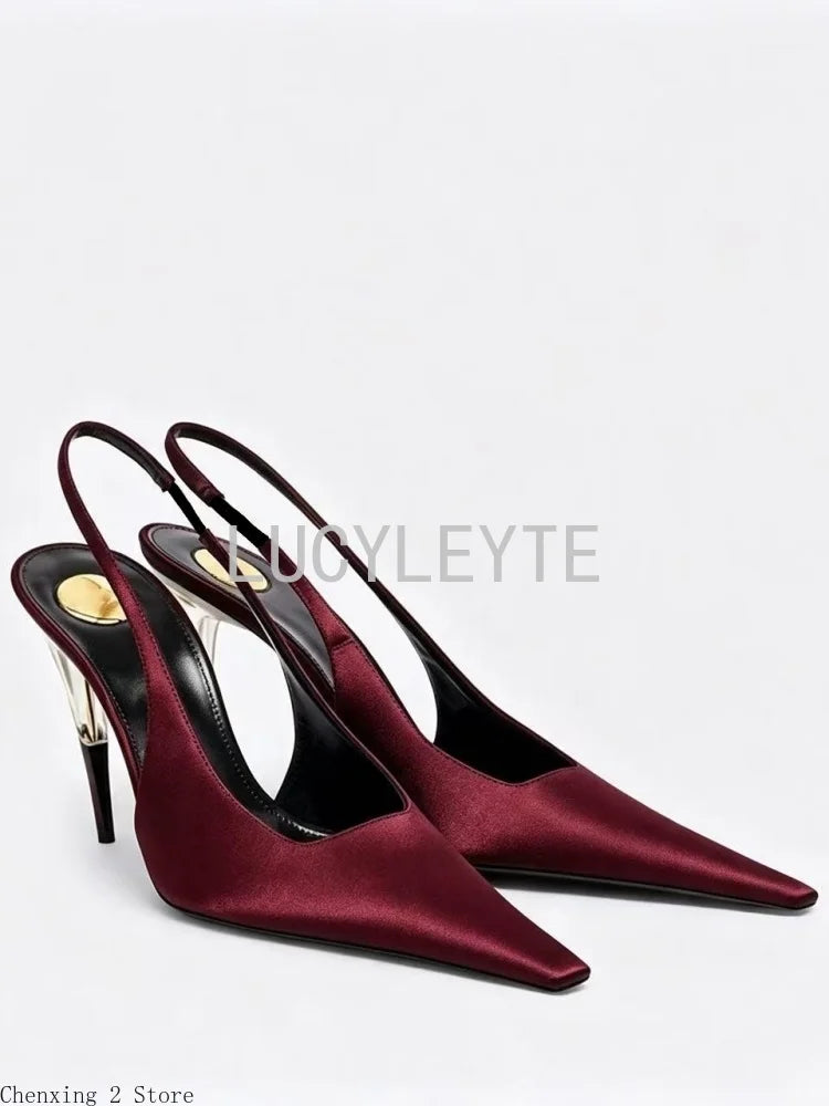 Women Satin Pointed‑Toe Stiletto Pumps with Clear Heel, Elegant Back Strap Dress Heels for Formal Dating Club Occasions