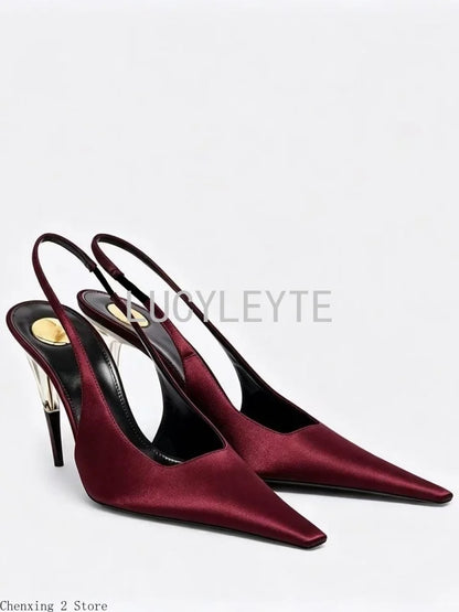 Women Satin Pointed‑Toe Stiletto Pumps with Clear Heel, Elegant Back Strap Dress Heels for Formal Dating Club Occasions