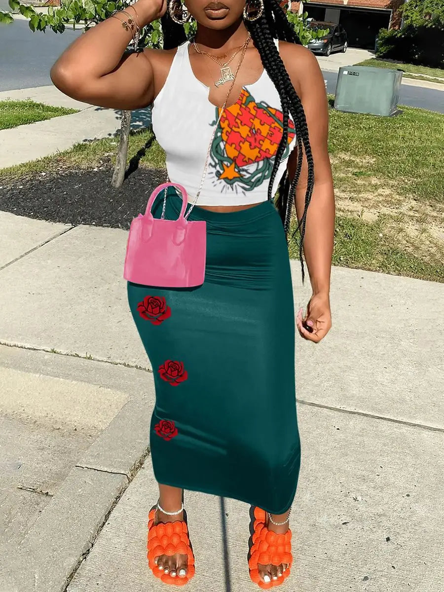 Summer Street Style Streetwear Tank Top And Long Skirt Set Women's Sleeveless Casual Outfit 50%-70% Spandex Comfortable Fit