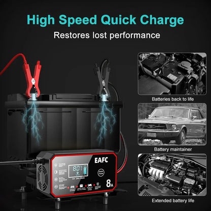 12V 8A Smart Car Battery Charger Automatic Start Fast Charger Pulse Repair Motorcycle Truck Battery Charger GEL Lead Acid