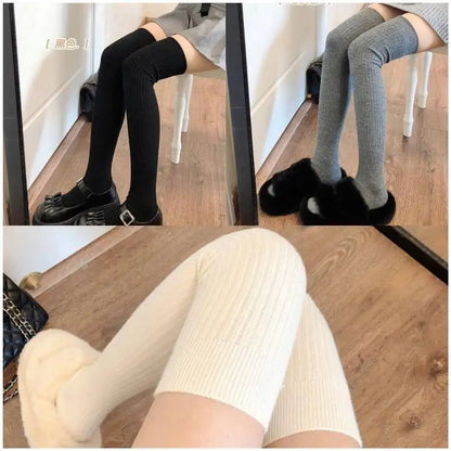 Long Socks Women Soft Wool Cashmere Socks Winter Solid Knitted Stocking Skinny Casual Knee High Fluffy Warm Thicken Girls Socks