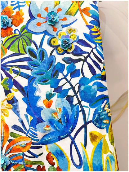 2026 Printed Beaded Dress Women Short Sleeve O Neck a Line Dress Elegant Fashion Summer Ladies Casual Party Midi Dress