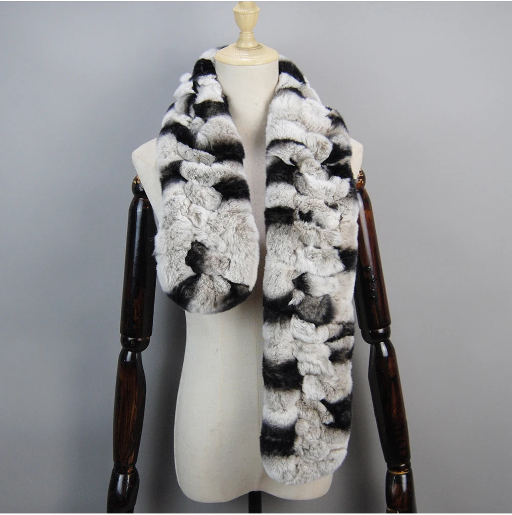 Winter Women Knitted Real Rex Rabbit Fur Scarf Natural Soft Long Style Rex Rabbit Fur Muffler Lady Warm 100% Genuine Fur Scarves