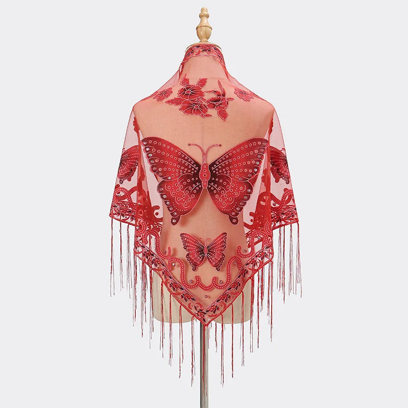 New Women Lace Tassel Triangular Scarf Solid Hollow-out Butterfly Embroidery Scarves Soft Lady Shawl Foulard Party Wrap Shawls