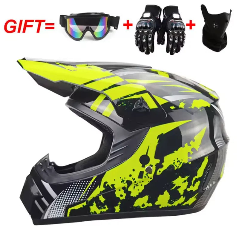 Kids Motocross Helmet Full-Face Kit - DOT & ECE Certified Motorcycle Helmet + Off-Road Goggles + Protective Gloves