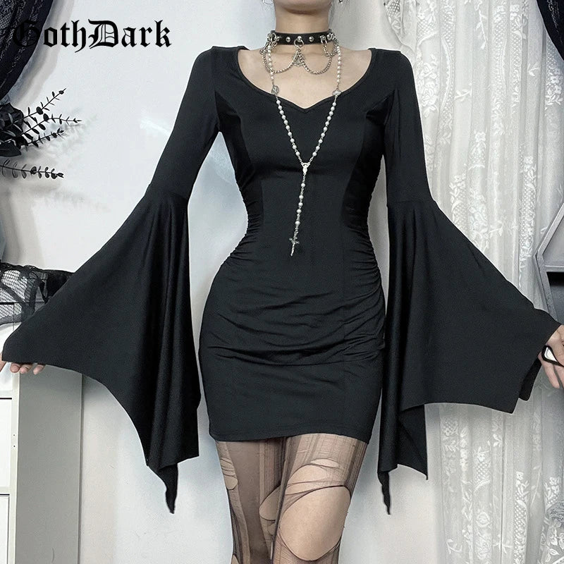 Goth Dark Cospaly Partywear Women Fashion Batwing Sleeve Mini Dress Elegant Slim Pleat Bodycon Dresses Mall Gothic Alt Teachwear