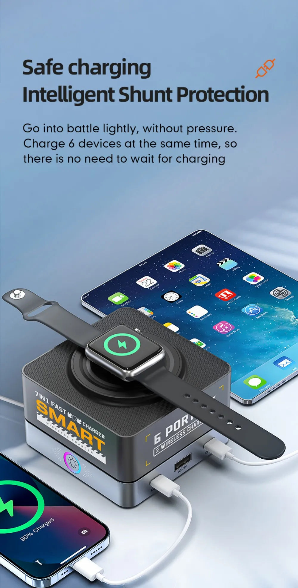 200W 7-in-1 Smart Charger PD Fast Charging USB Type C Power Station for iPhone 16 15 pro Max Multi-Device Charging Station