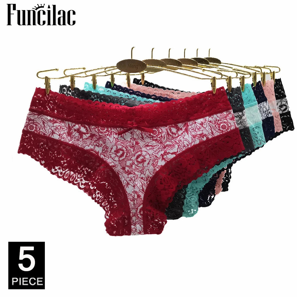 Sexy Lace Women Panties Cotton Underwear Girls Bow Briefs New Ladies Bikini 5 Pcs/set