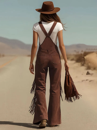 Spring Autumn New in Women's Personalized Retro Suede Tassel Wide Leg Pants Casual Loose Pocket Strap Work Pants Pants