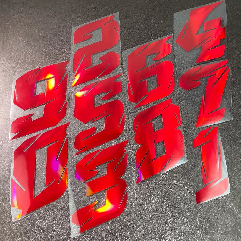 1PC Red Laser Motorcycle Stickers Arabic Numeral Waterproof for Motorbike Helmet Fuel Tank Mudguard Scooter Bodies Vinyl Decals