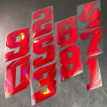 1PC Red Laser Motorcycle Stickers Arabic Numeral Waterproof for Motorbike Helmet Fuel Tank Mudguard Scooter Bodies Vinyl Decals