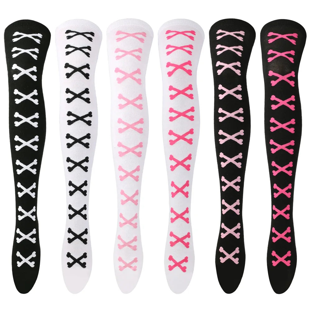 Womens Bone Thigh High Stockings Ladies Halloween Girls Black White Pink Long Over Above Knee Socks Tall Funny Cosplay Harajuku