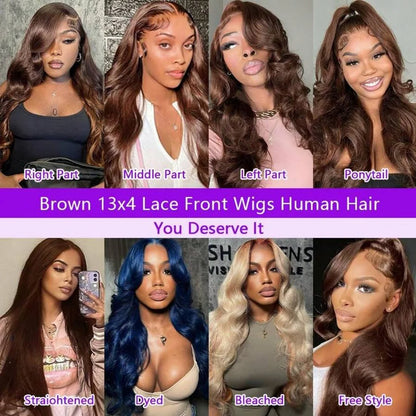 OKVOKV Chocolate Brown Color Body Wave 13x4 Transparent Lace Front Wigs 250% Density 30 32 Inch Human Hair Pre Plucked With Baby Hair For Women Body Wave HD Lace Front Wigs