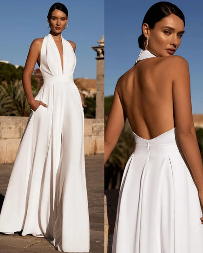 Elegant Women Corset Party Jumpsuit Y2K Sexy Halter Backless Loose Wide Leg Trousers Palazzo Pants Romper Celebrity One Pieces