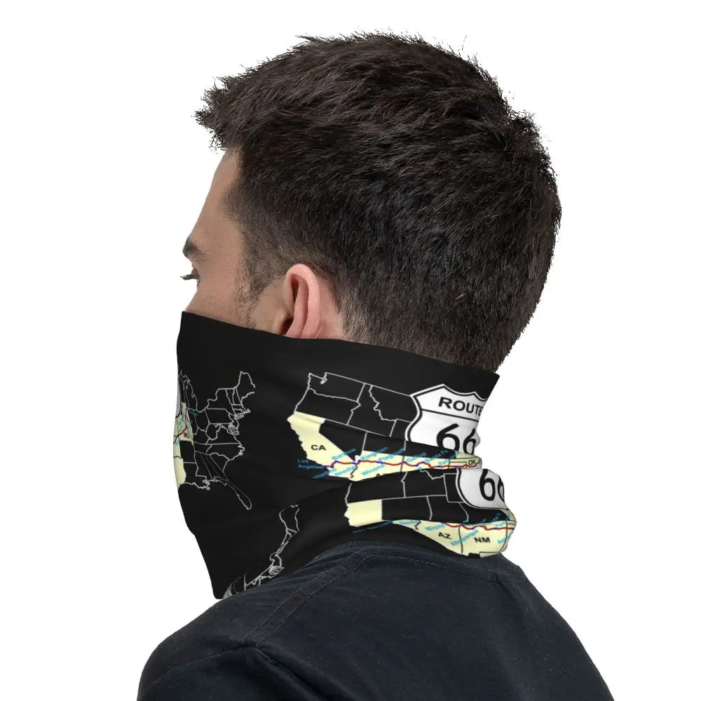 Custom Travel Motorcycle Ride Route 66 Bandana Winter Neck Warmer Windproof Wrap Face Scarf for Hiking Highways Gaiter Headband