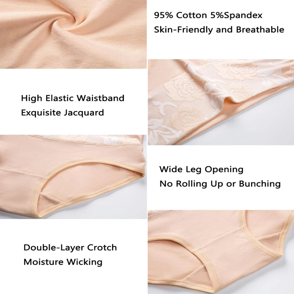 2Pcs Plus Size Women's Cotton Underwear High Waisted Tummy Control Panties Full Coverage Briefs Jacquard Ladies Panty Shaper