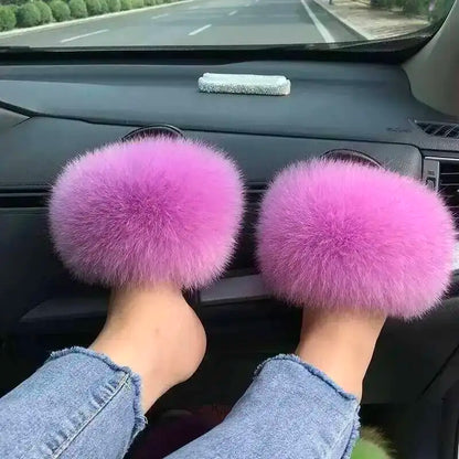Fur Slippers Women Summer Fluffy Plush Casual Fluffy Flat Non-Slip Real Fox Fur Slides Outdoor Flat Ladies Sandals Flip Flops
