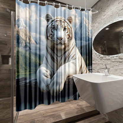 1pc Majeic White Tiger Shower Curtain - Scenic Mountain View with Majestic Tiger Design, Durable Polyester Fabric, Machine Washa