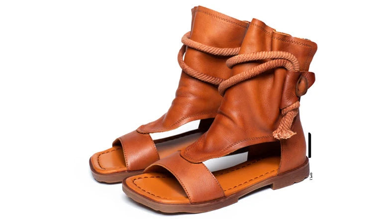 Birkuir High Top Open Toe Sandals For Women Summer Boots Luxury Hollow Out Beach Sandals Genuine Leather Flats Shoes Ladies