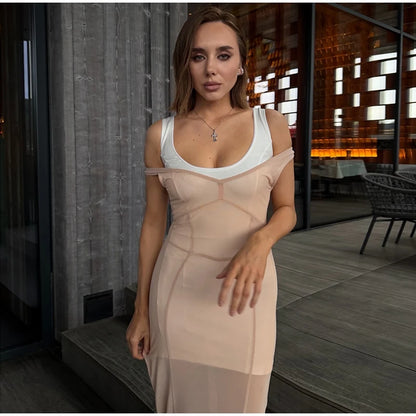 Sheer Mesh Overlay Lace Hem Slip Midi Dress Slim Spaghetti Strap 2026 Summer Elegant Women Bodycon Dress Trendy Date Lady Gown