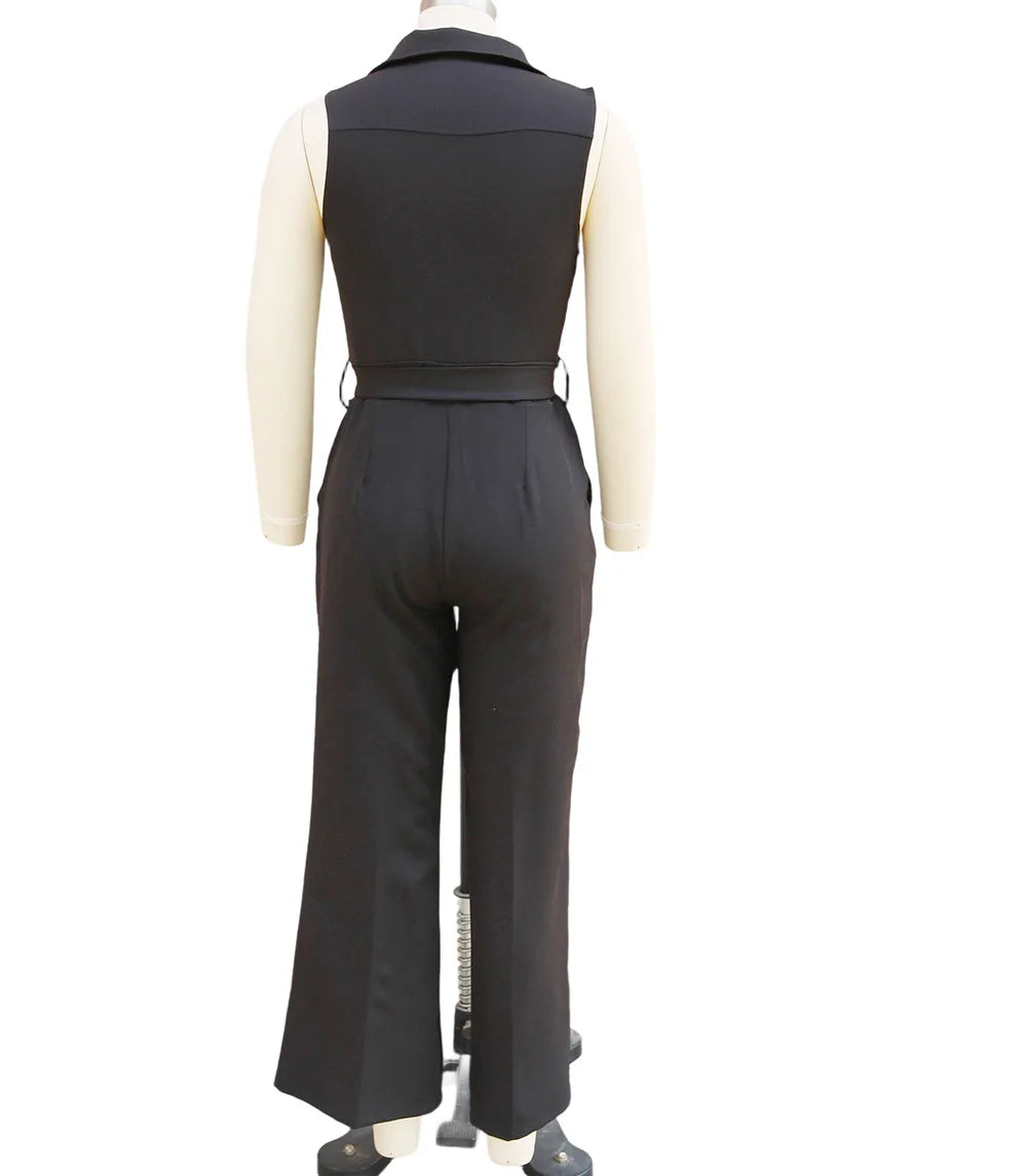 Sleeveless Lapel Jumpsuit Women's Fashion Button Down Shirt Collar Solid Color Wide Leg Commuting Office With Pocket Jumpsuit