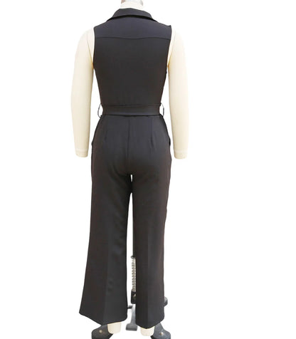 Sleeveless Lapel Jumpsuit Women's Fashion Button Down Shirt Collar Solid Color Wide Leg Commuting Office With Pocket Jumpsuit