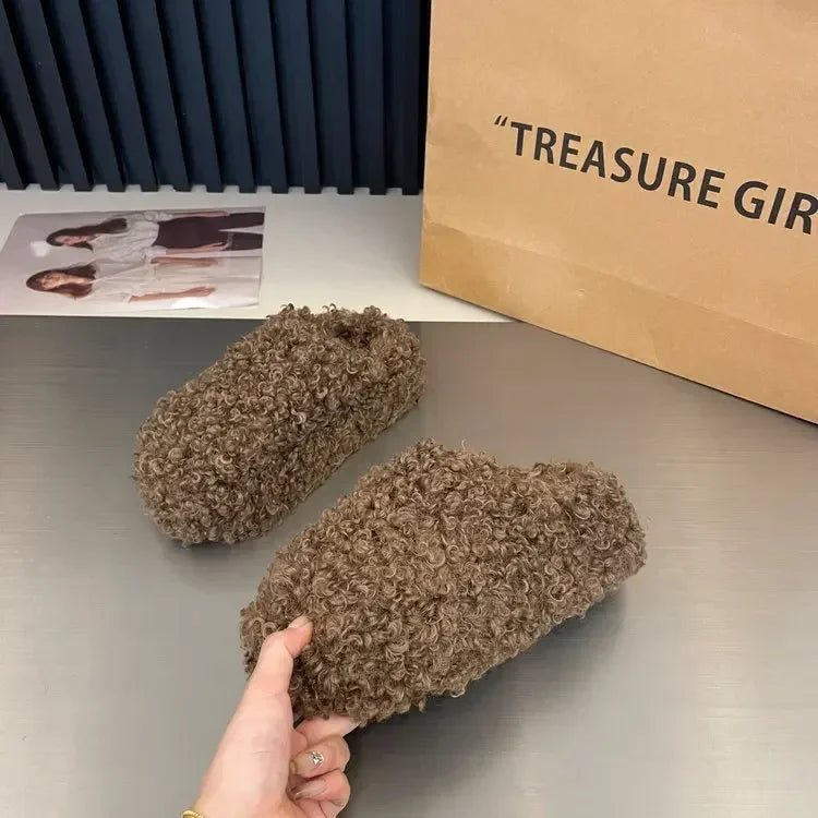 Thick Heel Luxury Lambwool Mules  Winter Shoes Woman Flip Flops Flat Cover Toe Slides Ins Warm Curly Lamb Fur Slippers Women
