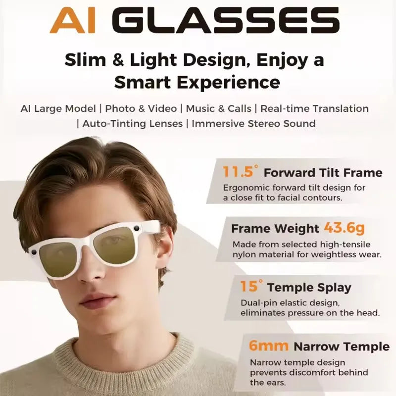 4K 800W HD Camera AI Smart Glasses Men Record Video 3790mAh Battery Languages Translation 3D Music Player Glasses With Camera