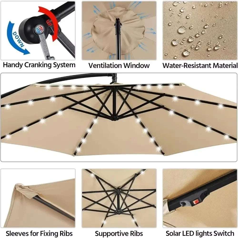 Solar Offset Umbrella with 10FT 32 LED Lights Cantilever Outdoor Umbrellas Handy Crank & Cross Base  for The Beach for Backyard