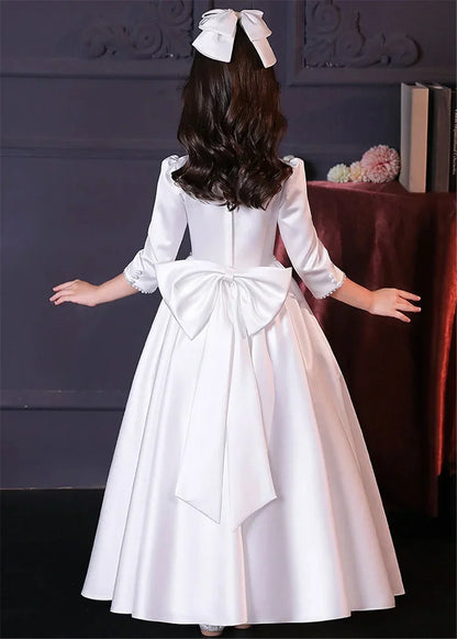 Lovely White Satin Flower Girl Dress for Wedding Dresses Little Princess Bow Kids Birthday Party Evening Customise Gowns