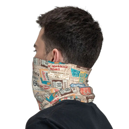 Custom Travel Motorcycle Ride Route 66 Bandana Winter Neck Warmer Windproof Wrap Face Scarf for Hiking Highways Gaiter Headband