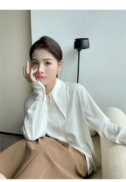 Spring Autumn New Elegant Long Sleeve Loose Shirt Tops Solid Color All-match Fashion Blouse Temperament Korean Women Clothing