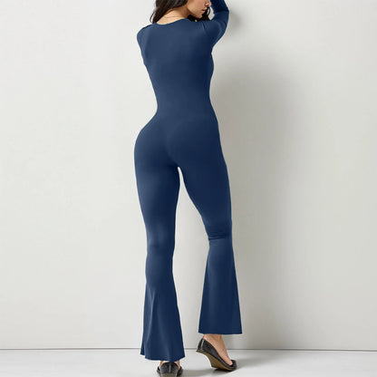 New Popular Women Wide Leg Yoga Bodysuit Outfit One Piece Gym Fitness High Quality Sport Long Sleeve Plus Size Jumpsuit