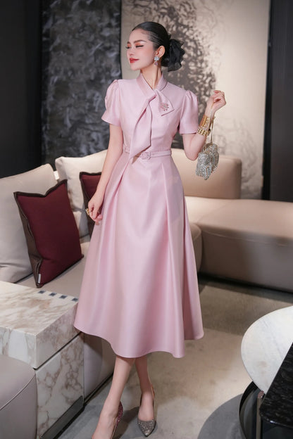 ZJYT Sweet Pink Bow Collar Dress for Women Short Sleeve Midi Formal Party Aline Vestidos Elegant Spring Summer Designer 2025 New