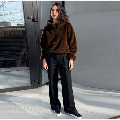Luxury Faux Fur Hooded Pullovers Women's Loose Full Sleeve Stand Collar Pocket Coats 2025 New Autumn Winter Ladies Solid Outwear