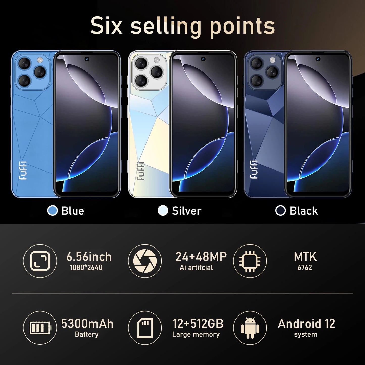 FUFFI Global Vision I16 Pro Smartphone 5G Android 5300mAH 12GB RAM 512G ROM 6.56Inch 1080x2640HD 24+48MP 4G Network Mobile Phone